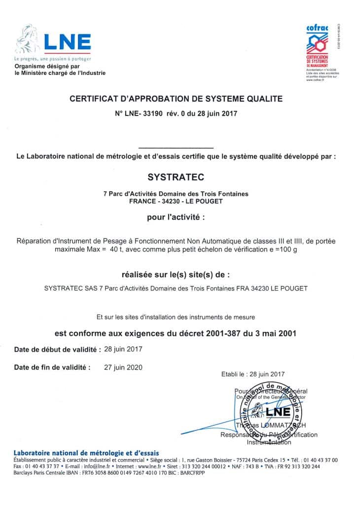 SYSTRATEC NAWI-IPFNA REPARATION APPROVAL Certificate | SYSTRATEC